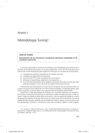 Anexo I

               Metodología Tuning51



                  LEMA DE TUNING:
                  Armonización de las estructuras y programas educativos respetando su di-
                  versidad y autonomía



                   En el marco del proyecto Tuning se ha diseñado una metodología que facilite la com-
               prensión de los planes de estudio y su mutua comparación. Cinco son las líneas de acerca-
               miento que se han distinguido para organizar la discusión en las áreas de conocimiento:
                    1)   competencias genéricas (académicas de carácter general),
                    2)   competencias especíﬁcas de cada área,
                    3)   la función de ECTS como un sistema de acumulación
                    4)   enfoques de aprendizaje, didácticos y de evaluación, y
                    5)   la función de la promoción de la calidad en el proceso educativo (insistiendo sobre
                         sistemas basados en una cultura de la calidad institucional interna).
                   En la primera fase del proyecto Tuning el acento recayó en las tres primeras líneas. La
               cuarta y la quinta fueron objeto de una menor atención debido a la falta de tiempo, pero
               ambas ocuparon un primer plano en la segunda fase del proyecto (2003-2004).
                   Cada línea ha sido desarrollada de acuerdo con un proceso deﬁnido con antelación.
               De entrada, empezó por actualizarse la información sobre el estado de cosas a nivel eu-
               ropeo. Luego se reﬂexionó sobre dicha información, que fue objeto de debate en el seno
               de grupos de expertos en las que ahora eran ya nueve áreas de conocimiento. Ha sido el
               trabajo de estos grupos, validado por las respectivas redes europeas, el que ha procurado
               una perspectiva, contexto y conclusiones que cabe considerar válidos a nivel europeo.


                   51 En GONZÁLEZ, Julia and WAGENAAR, eds., Tuning Educational Structures in Europe. In-

               forme Final - Proyecto Piloto Fase 2, La contribución de las Universidades al Proceso de Bolo-
               nia, Bilbao, 2006; pp. 31-42

                                                                                                        329




Tuning A Latina C.indd 329                                                                                  4/4/07 17:17:54
 