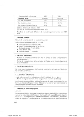 Rango utilizado en Argentina            2001                    2005
                    Población 18-24                         4.465.671               4.552.019
                    Tasa Neta Universitaria                    16%                    18.3%
                    Tasa Bruta Universitaria                   25%                    33.8%
                    Tasa Bruta de Educación Superior           36%                     45%
                   (1) Datos del Censo de Población 2001
                   (2) Datos de Estimaciones Poblacionales INDEC 2005
                   Tasa Bruta de escolarización del sistema de educación superior Argentino, año 2003:
                   60%

               3. Personal docente:
               Número de personal docente en educación superior:
               — Docentes universidades públicas: 143.804
                   •   Dedicación exclusiva: 15.450 (11%)
                   •   Dedicación semi-exclusiva: 26.360 (18%)
                   •   Dedicación simple: 77.529 (54%)
                   •   Otros: 13.075 (9%)
                   •   Preuniversitarios: 11.390 (8%)

               4. Períodos académicos
               — Número de períodos académicos por año: en general los ﬁja el Consejo de cada
                 unidad académica.
               — Fechas de inicio y término de los períodos: son ﬁjadas por el Consejo Superior de
                 cada universidad.

               5. Escala de caliﬁcaciones
               No existe una única a escala a nivel nacional. Los criterios generales son ﬁjados por
               las unidades académicas.

               6. Aranceles o colegiaturas
               — ¿Se cobran aranceles o colegiaturas en las IES públicas? Sí ____ No____
               — Monto o rango aproximado de las colegiaturas o aranceles (en dólares):
               En el caso de las universidades públicas, las carreras de grado son gratuitas. Sin em-
               bargo, en el caso de los posgrados se debe abonar un arancel que depende de cada
               institución y del tipo de curso que se ofrezca.

               7. Criterios de admisión y egreso
               Admisión
               Los requisitos mínimos para poder ingresar como alumno a las instituciones de nivel
               superior se encuentran establecidos en el artículo 7 de la Ley de Educación Superior
               N.º 24.521 (LES). En principio se debe haber aprobado el nivel medio o el ciclo Poli-
               modal de enseñanza. Excepcionalmente, los mayores de 25 años que no reúnan esa

             342




Tuning A Latina C.indd 342                                                                               10/4/07 11:06:04
 