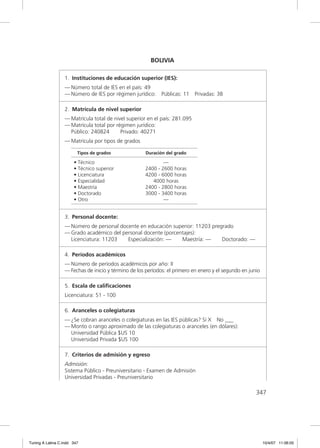 BOLIVIA

                  1. Instituciones de educación superior (IES):
                  — Número total de IES en el país: 49
                  — Número de IES por régimen jurídico:      Públicas: 11   Privadas: 38

                  2. Matrícula de nivel superior
                  — Matrícula total de nivel superior en el país: 281.095
                  — Matrícula total por régimen jurídico:
                    Público: 240824       Privado: 40271
                  — Matrícula por tipos de grados

                         Tipos de grados              Duración del grado

                       • Técnico                             —
                       • Técnico superior            2400 - 2600 horas
                       • Licenciatura                4200 - 6000 horas
                       • Especialidad                   4000 horas
                       • Maestría                    2400 - 2800 horas
                       • Doctorado                   3000 - 3400 horas
                       • Otro                                —


                  3. Personal docente:
                  — Número de personal docente en educación superior: 11203 pregrado
                  — Grado académico del personal docente (porcentajes):
                    Licenciatura: 11203   Especialización: —    Maestría: —     Doctorado: —

                  4. Períodos académicos
                  — Número de períodos académicos por año: II
                  — Fechas de inicio y término de los períodos: el primero en enero y el segundo en junio

                  5. Escala de caliﬁcaciones
                  Licenciatura: 51 - 100

                  6. Aranceles o colegiaturas
                  — ¿Se cobran aranceles o colegiaturas en las IES públicas? Sí X No ___
                  — Monto o rango aproximado de las colegiaturas o aranceles (en dólares):
                    Universidad Pública $US 10
                    Universidad Privada $US 100

                  7. Criterios de admisión y egreso
                  Admisión:
                  Sistema Público - Preuniversitario - Examen de Admisión
                  Universidad Privadas - Preuniversitario

                                                                                                       347




Tuning A Latina C.indd 347                                                                                  10/4/07 11:06:05
 