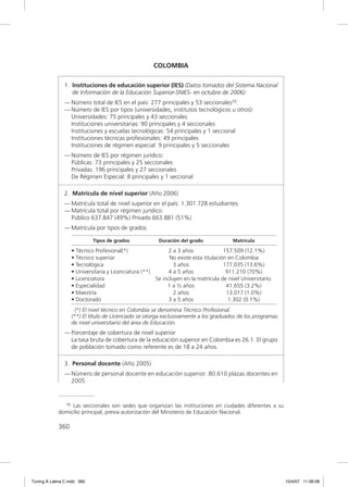 COLOMBIA

               1. Instituciones de educación superior (IES) (Datos tomados del Sistema Nacional
                  de Información de la Educación Superior-SNIES- en octubre de 2006):
               — Número total de IES en el país: 277 principales y 53 seccionales59.
               — Número de IES por tipos (universidades, institutos tecnológicos u otros):
                 Universidades: 75 principales y 43 seccionales
                 Instituciones universitarias: 90 principales y 4 seccionales
                 Instituciones y escuelas tecnológicas: 54 principales y 1 seccional
                 Instituciones técnicas profesionales: 49 principales
                 Instituciones de régimen especial: 9 principales y 5 seccionales
               — Número de IES por régimen jurídico:
                 Públicas: 73 principales y 25 seccionales
                 Privadas: 196 principales y 27 seccionales
                 De Régimen Especial: 8 principales y 1 seccional

               2. Matrícula de nivel superior (Año 2006)
               — Matrícula total de nivel superior en el país: 1.301.728 estudiantes
               — Matrícula total por régimen jurídico:
                 Público 637.847 (49%) Privado 663.881 (51%)
               — Matrícula por tipos de grados

                             Tipos de grados            Duración del grado              Matrícula

                   • Técnico Profesional(*)                  2 a 3 años              157.509 (12.1%)
                   • Técnico superior                        No existe esta titulación en Colombia
                   • Tecnológica                               3 años                177.035 (13.6%)
                   • Universitaria y Licenciatura (**)       4 a 5 años               911.210 (70%)
                   • Licenciatura                      Se incluyen en la matrícula de nivel Universitario.
                   • Especialidad                           1 a ½ años                41.655 (3.2%)
                   • Maestría                                  2 años                 13.017 (1.0%)
                   • Doctorado                               3 a 5 años                1.302 (0.1%)
                    (*) El nivel técnico en Colombia se denomina Técnico Profesional.
                   (**) El título de Licenciado se otorga exclusivamente a los graduados de los programas
                   de nivel universitario del área de Educación.
               — Porcentaje de cobertura de nivel superior
                 La tasa bruta de cobertura de la educación superior en Colombia es 26.1. El grupo
                 de población tomado como referente es de 18 a 24 años.

               3. Personal docente (Año 2005)
               — Número de personal docente en educación superior: 80.610 plazas docentes en
                 2005


               59 Las seccionales son sedes que organizan las instituciones en ciudades diferentes a su

             domicilio principal, previa autorización del Ministerio de Educación Nacional.

             360




Tuning A Latina C.indd 360                                                                                   10/4/07 11:06:08
 