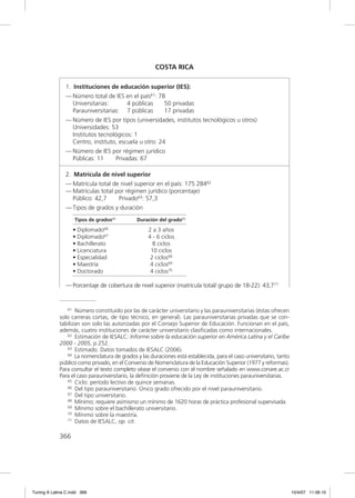 COSTA RICA

               1. Instituciones de educación superior (IES):
               — Número total de IES en el país61: 78
                 Universitarias:     4 públicas      50 privadas
                 Parauniversitarias: 7 públicas      17 privadas
               — Número de IES por tipos (universidades, institutos tecnológicos u otros)
                 Universidades: 53
                 Institutos tecnológicos: 1
                 Centro, instituto, escuela u otro: 24
               — Número de IES por régimen jurídico
                 Públicas: 11   Privadas: 67

               2. Matrícula de nivel superior
               — Matrícula total de nivel superior en el país: 175 28462
               — Matrículas total por régimen jurídico (porcentaje)
                 Público: 42,7     Privado63: 57,3
               — Tipos de grados y duración
                    Tipos de grados64         Duración del grado65

                   • Diplomado66                   2 a 3 años
                   • Diplomado67                   4 - 6 ciclos
                   • Bachillerato                    8 ciclos
                   • Licenciatura                   10 ciclos
                   • Especialidad                   2 ciclos68
                   • Maestría                       4 ciclos69
                   • Doctorado                      4 ciclos70

               — Porcentaje de cobertura de nivel superior (matrícula total/ grupo de 18-22): 43,771


                61 Número constituido por las de carácter universitario y las parauniversitarias (éstas ofrecen

             solo carreras cortas, de tipo técnico, en general). Las parauniversitarias privadas que se con-
             tabilizan son solo las autorizadas por el Consejo Superior de Educación. Funcionan en el país,
             además, cuatro instituciones de carácter universitario clasiﬁcadas como internacionales.
                62 Estimación de IESALC: Informe sobre la educación superior en América Latina y el Caribe

             2000 - 2005, p.252.
                63 Estimado. Datos tomados de IESALC (2006).
                64 La nomenclatura de grados y las duraciones está establecida, para el caso universitario, tanto

             público como privado, en el Convenio de Nomenclatura de la Educación Superior (1977 y reformas).
             Para consultar el texto completo véase el convenio con el nombre señalado en www.conare.ac.cr
             Para el caso parauniversitario, la deﬁnición proviene de la Ley de instituciones parauniversitarias.
                65 Ciclo: período lectivo de quince semanas.
                66 Del tipo parauniversitario. Único grado ofrecido por el nivel parauniversitario.
                67 Del tipo universitario.
                68 Mínimo; requiere asimismo un mínimo de 1620 horas de práctica profesional supervisada.
                69 Mínimo sobre el bachillerato universitario.
                70 Mínimo sobre la maestría.
                71 Datos de IESALC, op. cit.



             366




Tuning A Latina C.indd 366                                                                                          10/4/07 11:06:10
 