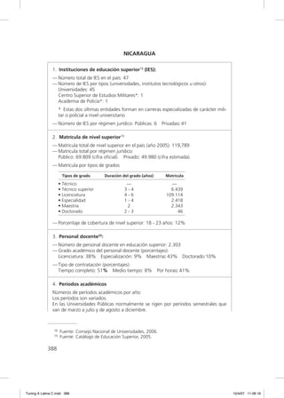NICARAGUA

               1. Instituciones de educación superior78 (IES):
               — Número total de IES en el país: 47
               — Número de IES por tipos (universidades, institutos tecnológicos u otros):
                 Universidades: 45
                 Centro Superior de Estudios Militares*: 1
                 Academia de Policía*: 1
                     * Estas dos últimas entidades forman en carreras especializadas de carácter mili-
                     tar o policial a nivel universitario
               — Número de IES por régimen jurídico: Públicas: 6 Privadas: 41

               2. Matrícula de nivel superior79
               — Matrícula total de nivel superior en el país (año 2005): 119,789
               — Matrícula total por régimen jurídico:
                 Público: 69.809 (cifra oﬁcial). Privado: 49.980 (cifra estimada).
               — Matrícula por tipos de grados

                      Tipos de grado       Duración del grado (años)      Matrícula

                     • Técnico                        —                     —
                     • Técnico superior              3-4                    6.439
                     • Licenciatura                  4-6                  109.114
                     • Especialidad                  1-4                    2.418
                     • Maestría                       2                     2.343
                     • Doctorado                     2-3                       46

               — Porcentaje de cobertura de nivel superior: 18 - 23 años: 12%

               3. Personal docente25:
               — Número de personal docente en educación superior: 2.303
               — Grado académico del personal docente (porcentajes):
                 Licenciatura: 38% Especialización: 9% Maestría: 43% Doctorado:10%
               — Tipo de contratación (porcentajes):
                 Tiempo completo: 51% Medio tiempo: 8%                 Por horas: 41%

               4. Períodos académicos
               Números de períodos académicos por año:
               Los períodos son variados.
               En las Universidades Públicas normalmente se rigen por períodos semestrales que
               van de marzo a julio y de agosto a diciembre.



                78   Fuente: Consejo Nacional de Universidades, 2006.
                79   Fuente: Catálogo de Educación Superior, 2005.

             388




Tuning A Latina C.indd 388                                                                               10/4/07 11:06:16
 