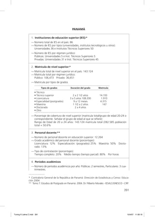 PANAMÁ

                  1. Instituciones de educación superior (IES):*
                  — Número total de IES en el país: 86
                  — Número de IES por tipos (universidades, institutos tecnológicos u otros):
                    Universidades 36 e Institutos Técnicos Superiores 50
                  — Número de IES por régimen jurídico:
                    Públicas: Universidades 5 e Inst. Técnicos Superiores 5
                    Privadas: Universidades 31 e Inst. Técnicos Superiores 45

                  2. Matrícula de nivel superior:*
                  — Matrícula total de nivel superior en el país: 143.124
                  — Matrícula total por régimen jurídico:
                    Público: 106,473 Privado: 36,651
                  — Matrícula por tipos de grados

                             Tipos de grados          Duración del grado        Matrícula

                      • Técnico
                      • Técnico superior                2 a 2 1/2 años           14.193
                      • Licenciatura                 3 a 5 años 108.200            1.910
                      • Especialidad (postgrados)       9 a 12 meses              4.315
                      • Maestría                        1 1/2 a 2 años              147
                      • Doctorado                         2 a 4 años
                      • Otro

                  — Porcentaje de cobertura de nivel superior (matrícula total/grupo de edad 20-24 o
                    correspondiente. Señalar el grupo de edad al que se reﬁere):
                    Rango de Edad de 20 a 24 años: 143.124 matrícula total /282.585 población
                    total = 50.6%

                  3. Personal docente:**
                  — Número de personal docente en educación superior: 12.264
                  — Grado académico del personal docente (porcentajes):
                    Licenciatura: 12% Especialización: (posgrados) 25% Maestría: 50%               Docto-
                    rado: 13%
                  — Tipo de contratación (porcentajes):
                    Tiempo completo: 20% Medio tiempo (tiempo parcial): 80%                Por horas

                  4. Períodos académicos
                  — Número de períodos académicos por año: Públicas: 2 semestres, Particulares: 3 cua-
                    trimestres.


               * Contraloría General de la República de Panamá: Dirección de Estadísticas y Censo: Educa-
               ción 2004
               ** Tomo 7: Estudios de Postgrado en Panamá. 2004. Dr. Filiberto Morales - IESALC/UNESCO - CRP.

                                                                                                        391




Tuning A Latina C.indd 391                                                                                  10/4/07 11:06:16
 