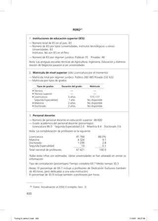 PERÚ80

               1. Instituciones de educación superior (IES):
               — Número total de IES en el país: 83
               — Número de IES por tipos (universidades, institutos tecnológicos u otros):
                 Universidades: 83
                 Institutos: No son IES en el Perú
               — Número de IES por régimen jurídico: Públicas 35           Privadas: 48
               Nota: Las antiguas escuelas técnicas de Agricultura, Ingeniería, Educación y Adminis-
               tración de Negocios pasaron a ser universidades

               2. Matrícula de nivel superior (sólo Licenciatura por el momento)
               — Matrícula total por régimen jurídico: Público 282 485 Privado 232 632
               — Matrícula por tipos de grados

                        Tipos de grados        Duración del grado          Matrícula

                     • Técnico                         —                      —
                     • Técnico superior                —                      —
                     • Licenciatura                  5 años                515 117
                       Segunda Especialidad          1 año               No disponible
                     • Maestría                      2 años              No disponible
                     • Doctorado                     2 años              No disponible


               3. Personal docente:
               — Número de personal docente en educación superior: 48.600
               — Grado académico del personal docente (porcentajes):
                 Licenciatura 86.0 Segunda Especialidad 2.0 Maestría 8.4 Doctorado 3.6
               Nota: La contabilización de profesores es la siguiente:

               Licenciatura                                   41 784              88.0%
               Maestría                                        4 324                 9.1
               Doctorado                                       1 299                 2.8
               Segunda Especialidad                               14                 0.1
               Total nacional de profesores                   47 421               100.0

               Todas estas cifras son estimadas. Varias universidades se han atrasado en enviar su
               información
               Tipo de contratación (porcentajes):Tiempo completo 69.7 Medio tiempo 30.3
               Notas: El porcentaje de 69.7 incluye a profesores de Dedicación Exclusiva (también
               de 40 horas, pero dedicadas a una sola institución)
               El porcentaje de 30.9 incluye también a profesores por horas



                80   Datos: Actualización al 2004 (Corregido, Secc. 3)

             400




Tuning A Latina C.indd 400                                                                             11/4/07 09:27:09
 