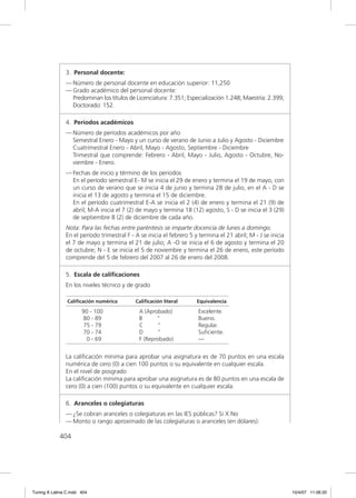 3. Personal docente:
               — Número de personal docente en educación superior: 11,250
               — Grado académico del personal docente:
                 Predominan los títulos de Licenciatura: 7.351; Especialización 1.248; Maestría: 2.399;
                 Doctorado: 152.

               4. Períodos académicos
               — Número de períodos académicos por año
                 Semestral Enero - Mayo y un curso de verano de Junio a Julio y Agosto - Diciembre
                 Cuatrimestral Enero - Abril, Mayo - Agosto, Septiembre - Diciembre
                 Trimestral que comprende: Febrero - Abril, Mayo - Julio, Agosto - Octubre, No-
                 viembre - Enero.
               — Fechas de inicio y término de los periodos
                 En el período semestral E- M se inicia el 29 de enero y termina el 19 de mayo, con
                 un curso de verano que se inicia 4 de junio y termina 28 de julio, en el A - D se
                 inicia el 13 de agosto y termina el 15 de diciembre.
                 En el período cuatrimestral E-A se inicia el 2 (4) de enero y termina el 21 (9) de
                 abril; M-A inicia el 7 (2) de mayo y termina 18 (12) agosto, S - D se inicia el 3 (29)
                 de septiembre 8 (2) de diciembre de cada año.
               Nota: Para las fechas entre paréntesis se imparte docencia de lunes a domingo.
               En el período trimestral F - A se inicia el febrero 5 y termina el 21 abril; M - J se inicia
               el 7 de mayo y termina el 21 de julio; A -O se inicia el 6 de agosto y termina el 20
               de octubre; N - E se inicia el 5 de noviembre y termina el 26 de enero, este período
               comprende del 5 de febrero del 2007 al 26 de enero del 2008.

               5. Escala de caliﬁcaciones
               En los niveles técnico y de grado

                Caliﬁcación numérica        Caliﬁcación literal       Equivalencia

                       90 - 100              A (Aprobado)             Excelente.
                       80 - 89               B      ”                 Bueno.
                       75 - 79               C      ”                 Regular.
                       70 - 74               D      ”                 Suﬁciente.
                        0 - 69               F (Reprobado)            —


               La caliﬁcación mínima para aprobar una asignatura es de 70 puntos en una escala
               numérica de cero (0) a cien 100 puntos o su equivalente en cualquier escala.
               En el nivel de posgrado
               La caliﬁcación mínima para aprobar una asignatura es de 80 puntos en una escala de
               cero (0) a cien (100) puntos o su equivalente en cualquier escala.

               6. Aranceles o colegiaturas
               — ¿Se cobran aranceles o colegiaturas en las IES públicas? Si X No
               — Monto o rango aproximado de las colegiaturas o aranceles (en dólares):

             404




Tuning A Latina C.indd 404                                                                                    10/4/07 11:06:20
 