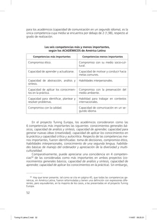 para los académicos (capacidad de comunicación en un segundo idioma), es la
             única competencia cuya media se encuentra por debajo de 2 (1,98), respecto al
             grado de realización.


                             Las seis competencias más y menos importantes,
                                según los ACADÉMICOS de América Latina

                    Competencias más importantes                Competencias menos importantes

               Compromiso ético.                             Compromiso con su medio socio-cul-
                                                             tural.

               Capacidad de aprender y actualizarse.         Capacidad de motivar y conducir hacia
                                                             metas comunes.

               Capacidad de abstracción, análisis y          Habilidades interpersonales.
               síntesis.

               Capacidad de aplicar los conocimien-          Compromiso con la preservación del
               tos en la práctica.                           medio ambiente.

               Capacidad para identiﬁcar, plantear y         Habilidad para trabajar en contextos
               resolver problemas.                           internacionales.

               Compromiso con la calidad.                    Capacidad de comunicación en un se-
                                                             gundo idioma.


                  En el proyecto Tuning Europa, los académicos consideraron como las
             6 competencias más importantes las siguientes: conocimientos generales bá-
             sicos, capacidad de análisis y síntesis, capacidad de aprender, capacidad para
             generar nuevas ideas (creatividad), capacidad de aplicar los conocimientos en
             la práctica y capacidad crítica y autocrítica. Respecto de las competencias me-
             nos importantes, fueron identiﬁcadas: toma de decisiones, compromiso ético,
             habilidades interpersonales, conocimiento de una segunda lengua, habilida-
             des básicas de manejo del ordenador y apreciación de la diversidad y multi-
             culturalidad.
                  Comparativamente, puede apreciarse una coincidencia en 4 competen-
             cias30 de las consideradas como más importantes en ambos proyectos (co-
             nocimientos generales básicos, capacidad de análisis y síntesis, capacidad de
             aprender, capacidad de aplicar los conocimientos en la práctica). Sin embargo,


                30 Hay que tener presente, tal como se cita en página 45, que todas las competencias ge-

             néricas, en América Latina, fueron reformuladas y tienen una definición con expresiones dife-
             rentes, pero equivalentes, en la mayoría de los casos, a las presentadas en el proyecto Tuning
             Europa.

             52




Tuning A Latina C.indd 52                                                                                     11/4/07 09:25:31
 