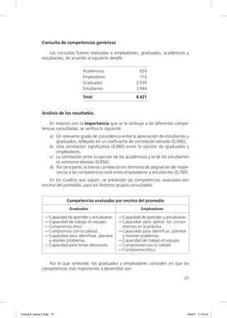 Consulta de competencias genéricas

                    Las consultas fueron realizadas a empleadores, graduados, académicos y
                estudiantes, de acuerdo al siguiente detalle:

                                       Académicos                       824
                                       Empleadores                      714
                                       Graduados                      2.939
                                       Estudiantes                    3.944

                                       Total                          8.421


                Análisis de los resultados

                    En relación con la importancia que se le atribuye a las diferentes compe-
                tencias consultadas, se veriﬁca lo siguiente:
                     a) Un relevante grado de coincidencia entre la apreciación de estudiantes y
                        graduados, reﬂejado en un coeﬁciente de correlación elevado (0,946);
                     b) Una correlación signiﬁcativa (0,885) entre la opinión de graduados y
                        empleadores;
                     c) La correlación entre la opinión de los académicos y la de los estudiantes
                        es asimismo elevada (0,856);
                     d) Por otra parte, la menor correlación en términos de asignación de impor-
                        tancia a las competencias está entre empleadores y estudiantes (0,785).
                    En los cuadros que siguen, se presentan las competencias, evaluadas por
                encima del promedio, para los distintos grupos consultados:


                              Competencias evaluadas por encima del promedio
                                Graduados                                Empleadores

                  — Capacidad de aprender y actualizarse.   — Capacidad de aprender y actualizarse.
                  — Capacidad de trabajo en equipo.         — Capacidad para aplicar los conoci-
                  — Compromiso ético.                         mientos en la práctica.
                  — Compromiso con la calidad.              — Capacidad para identiﬁcar, plantear
                  — Capacidad para identiﬁcar, plantear       y resolver problemas.
                    y resolver problemas.                   — Capacidad de trabajo en equipo.
                  — Capacidad para tomar decisiones.        — Compromiso con la calidad.
                                                            — Compromiso ético.


                   Por lo que antecede, los graduados y empleadores coinciden en que las
                competencias más importantes a desarrollar son:

                                                                                                 77




Tuning A Latina C.indd 77                                                                             4/4/07 17:16:41
 