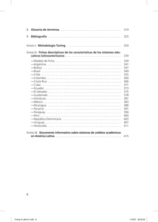 8. Glosario de términos. . . . . . . . . . . . . . . . . . . . . . . . . . . . . . . . . . . . . . .               319

             9. Bibliografía . . . . . . . . . . . . . . . . . . . . . . . . . . . . . . . . . . . . . . . . . . . . . .        325


             Anexo I. Metodología Tuning . . . . . . . . . . . . . . . . . . . . . . . . . . . . . . . . . . .                  329

             Anexo II. Fichas descriptivas de las características de los sistemas edu-
                cativos latinoamericanos . . . . . . . . . . . . . . . . . . . . . . . . . . . . . . . . . . .                  339
                  —Modelo de Ficha. . . . . . . . . . . . . . . . . . . . . . . . . . . . . . . . . . . . . . . . . .           339
                  —Argentina . . . . . . . . . . . . . . . . . . . . . . . . . . . . . . . . . . . . . . . . . . . . . . .      341
                  —Bolivia . . . . . . . . . . . . . . . . . . . . . . . . . . . . . . . . . . . . . . . . . . . . . . . . .    347
                  —Brasil . . . . . . . . . . . . . . . . . . . . . . . . . . . . . . . . . . . . . . . . . . . . . . . . . .   349
                  —Chile . . . . . . . . . . . . . . . . . . . . . . . . . . . . . . . . . . . . . . . . . . . . . . . . . .    355
                  —Colombia . . . . . . . . . . . . . . . . . . . . . . . . . . . . . . . . . . . . . . . . . . . . . . .       360
                  —Costa Rica . . . . . . . . . . . . . . . . . . . . . . . . . . . . . . . . . . . . . . . . . . . . . .       366
                  —Cuba . . . . . . . . . . . . . . . . . . . . . . . . . . . . . . . . . . . . . . . . . . . . . . . . . .     371
                  —Ecuador . . . . . . . . . . . . . . . . . . . . . . . . . . . . . . . . . . . . . . . . . . . . . . . .      373
                  —El Salvador . . . . . . . . . . . . . . . . . . . . . . . . . . . . . . . . . . . . . . . . . . . . . .      375
                  —Guatemala . . . . . . . . . . . . . . . . . . . . . . . . . . . . . . . . . . . . . . . . . . . . . .        378
                  —Honduras . . . . . . . . . . . . . . . . . . . . . . . . . . . . . . . . . . . . . . . . . . . . . . .       381
                  —México . . . . . . . . . . . . . . . . . . . . . . . . . . . . . . . . . . . . . . . . . . . . . . . . .     383
                  —Nicaragua . . . . . . . . . . . . . . . . . . . . . . . . . . . . . . . . . . . . . . . . . . . . . .        388
                  —Panamá . . . . . . . . . . . . . . . . . . . . . . . . . . . . . . . . . . . . . . . . . . . . . . . .       391
                  —Paraguay . . . . . . . . . . . . . . . . . . . . . . . . . . . . . . . . . . . . . . . . . . . . . . .       394
                  —Perú . . . . . . . . . . . . . . . . . . . . . . . . . . . . . . . . . . . . . . . . . . . . . . . . . . .   400
                  —República Dominicana . . . . . . . . . . . . . . . . . . . . . . . . . . . . . . . . . . . . .               403
                  —Uruguay . . . . . . . . . . . . . . . . . . . . . . . . . . . . . . . . . . . . . . . . . . . . . . . .      407
                  —Venezuela. . . . . . . . . . . . . . . . . . . . . . . . . . . . . . . . . . . . . . . . . . . . . . .       411

             Anexo III. Documento informativo sobre sistemas de créditos académicos
                en América Latina. . . . . . . . . . . . . . . . . . . . . . . . . . . . . . . . . . . . . . . . . .            415




             8




Tuning A Latina C.indd 8                                                                                                              11/4/07 09:25:20
 
