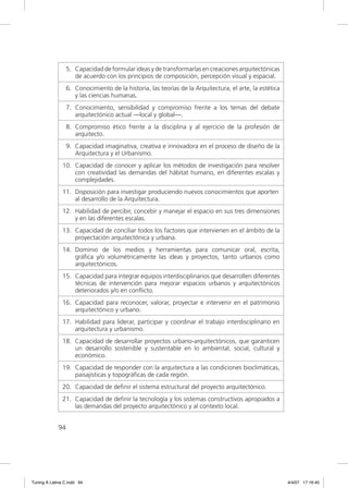 5. Capacidad de formular ideas y de transformarlas en creaciones arquitectónicas
                     de acuerdo con los principios de composición, percepción visual y espacial.
                  6. Conocimiento de la historia, las teorías de la Arquitectura, el arte, la estética
                     y las ciencias humanas.
                  7. Conocimiento, sensibilidad y compromiso frente a los temas del debate
                     arquitectónico actual —local y global—.
                  8. Compromiso ético frente a la disciplina y al ejercicio de la profesión de
                     arquitecto.
                  9. Capacidad imaginativa, creativa e innovadora en el proceso de diseño de la
                     Arquitectura y el Urbanismo.
               10. Capacidad de conocer y aplicar los métodos de investigación para resolver
                   con creatividad las demandas del hábitat humano, en diferentes escalas y
                   complejidades.
               11. Disposición para investigar produciendo nuevos conocimientos que aporten
                   al desarrollo de la Arquitectura.
               12. Habilidad de percibir, concebir y manejar el espacio en sus tres dimensiones
                   y en las diferentes escalas.
               13. Capacidad de conciliar todos los factores que intervienen en el ámbito de la
                   proyectación arquitectónica y urbana.
               14. Dominio de los medios y herramientas para comunicar oral, escrita,
                   gráﬁca y/o volumétricamente las ideas y proyectos, tanto urbanos como
                   arquitectónicos.
               15. Capacidad para integrar equipos interdisciplinarios que desarrollen diferentes
                   técnicas de intervención para mejorar espacios urbanos y arquitectónicos
                   deteriorados y/o en conﬂicto.
               16. Capacidad para reconocer, valorar, proyectar e intervenir en el patrimonio
                   arquitectónico y urbano.
               17. Habilidad para liderar, participar y coordinar el trabajo interdisciplinario en
                   arquitectura y urbanismo.
               18. Capacidad de desarrollar proyectos urbano-arquitectónicos, que garanticen
                   un desarrollo sostenible y sustentable en lo ambiental, social, cultural y
                   económico.
               19. Capacidad de responder con la arquitectura a las condiciones bioclimáticas,
                   paisajísticas y topográﬁcas de cada región.
               20. Capacidad de deﬁnir el sistema estructural del proyecto arquitectónico.
               21. Capacidad de deﬁnir la tecnología y los sistemas constructivos apropiados a
                   las demandas del proyecto arquitectónico y al contexto local.


             94




Tuning A Latina C.indd 94                                                                                4/4/07 17:16:45
 