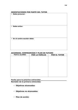 126
ORIENTACIONES POR PARTE DEL TUTOR
• Debe procurar:
• Debe evitar:
• En el centro escolar debe:
ACUERDOS, COMPROMISOS Y PLAN DE FUTURO
POR EL ALUMNO POR LA FAMILIA POR EL TUTOR
Fecha para la próxima entrevista:_______________________
Revisión de la primera entrevista:
• Objetivos alcanzados:
• Objetivos no alcanzados:
• Plan de acción:
 