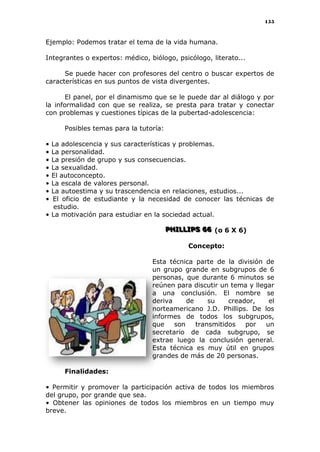 155
Ejemplo: Podemos tratar el tema de la vida humana.
Integrantes o expertos: médico, biólogo, psicólogo, literato...
Se puede hacer con profesores del centro o buscar expertos de
características en sus puntos de vista divergentes.
El panel, por el dinamismo que se le puede dar al diálogo y por
la informalidad con que se realiza, se presta para tratar y conectar
con problemas y cuestiones típicas de la pubertad-adolescencia:
Posibles temas para la tutoría:
• La adolescencia y sus características y problemas.
• La personalidad.
• La presión de grupo y sus consecuencias.
• La sexualidad.
• El autoconcepto.
• La escala de valores personal.
• La autoestima y su trascendencia en relaciones, estudios...
• El oficio de estudiante y la necesidad de conocer las técnicas de
estudio.
• La motivación para estudiar en la sociedad actual.
PPPHHHIIILLLLLLIIIPPPSSS 666666 (o 6 X 6)
Concepto:
Esta técnica parte de la división de
un grupo grande en subgrupos de 6
personas, que durante 6 minutos se
reúnen para discutir un tema y llegar
a una conclusión. El nombre se
deriva de su creador, el
norteamericano J.D. Phillips. De los
informes de todos los subgrupos,
que son transmitidos por un
secretario de cada subgrupo, se
extrae luego la conclusión general.
Esta técnica es muy útil en grupos
grandes de más de 20 personas.
Finalidades:
• Permitir y promover la participación activa de todos los miembros
del grupo, por grande que sea.
• Obtener las opiniones de todos los miembros en un tiempo muy
breve.
 