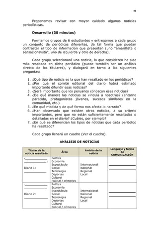 47
Proponemos revisar con mayor cuidado algunas noticias
periodísticas.
Desarrollo (35 minutos)
Formamos grupos de 6 estudiantes y entregamos a cada grupo
un conjunto de periódicos diferentes, de tal forma que puedan
contrastar el tipo de información que presentan (uno “amarillista o
sensacionalista”, uno de izquierda y otro de derecha).
Cada grupo seleccionará una noticia, la que consideren ha sido
más resaltada en dicho periódico (puede también ser un análisis
directo de los titulares), y dialogará en torno a las siguientes
preguntas:
1. ¿Qué tipo de noticia es la que han resaltado en los periódicos?
2. ¿Por qué el comité editorial del diario habrá estimado
importante difundir esas noticias?
3. ¿Será importante que los peruanos conozcan esas noticias?
4. ¿De qué manera las noticias se vincula a nosotros? (entorno
parecido, protagonistas jóvenes, sucesos similares en la
comunidad, etc.)
5. ¿En qué medida y de qué forma nos afecta lo narrado?
6. ¿Han observado que existen otras noticias, a su criterio
importantes, pero que no están suficientemente resaltadas o
detalladas en el diario? ¿Cuáles, por ejemplo?
7. ¿En qué se diferencian los tipos de noticias que cada periódico
ha resaltado?
Cada grupo llenará un cuadro (Ver el cuadro).
ANÁLISIS DE NOTICIAS
Titular de la
noticia resaltada
Área
Ámbito de la
noticia
Lenguaje y forma
de
COMUNICACIÓN
._____________
_____________ .
Diario 1:
_____________
Política
Economía
Espectáculo
Social
Tecnología
Deportes
Cultural
Policial / crímenes
Internacional
Nacional
Regional
Local
._____________
_____________.
Diario 2:
______________
Política
Economía
Espectáculo
Social
Tecnología
Deportes
Cultural
Policial / crímenes
Internacional
Nacional
Regional
Local
 