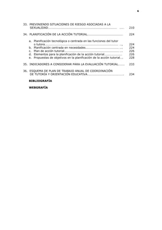 6
33. PREVINIENDO SITUACIONES DE RIESGO ASOCIADAS A LA
SEXUALIDAD………………………………………………………………………………… …… 210
34. PLANIFICACIÓN DE LA ACCIÓN TUTORIAL………………………………………… 224
a. Planificación tecnológica o centrada en las funciones del tutor
o tutora……………………………………………………………………………………… …, 224
b. Planificación centrada en necesidades……………………………………… …. 224
c. Plan de acción tutorial………………………………………………………………. …. 226
d. Elementos para la planificación de la acción tutorial…………………… 226
e. Propuestas de objetivos en la planificación de la acción tutorial…. 228
35. INDICADORES A CONSIDERAR PARA LA EVALUACIÓN TUTORIAL……… 233
36. ESQUEMA DE PLAN DE TRABAJO ANUAL DE COORDINACIÓN
DE TUTORÍA Y ORIENTACIÓN EDUCATIVA…………………………………………. 234
BIBLIOGRAFÍA
WEBGRAFÍA
 