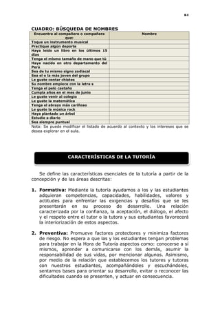 64
CUADRO: BÚSQUEDA DE NOMBRES
Encuentra al compañero o compañera
que:
Nombre
Toque un instrumento musical
Practique algún deporte
Haya leído un libro en los últimos 15
días
Tenga el mismo tamaño de mano que tú
Haya nacido en otro departamento del
Perú
Sea de tu mismo signo zodiacal
Sea el o la más joven del grupo
Le guste contar chistes
Su nombre empiece con la letra s
Tenga el pelo castaño
Cumpla años en el mes de junio
Le guste venir al colegio
Le guste la matemática
Tenga el abrazo más cariñoso
Le guste la música rock
Haya plantado un árbol
Estudie a diario
Sea siempre puntual
Nota: Se puede modificar el listado de acuerdo al contexto y los intereses que se
desea explorar en el aula.
Se define las características esenciales de la tutoría a partir de la
concepción y de las áreas descritas:
1. Formativa: Mediante la tutoría ayudamos a los y las estudiantes
adquieran competencias, capacidades, habilidades, valores y
actitudes para enfrentar las exigencias y desafíos que se les
presentarán en su proceso de desarrollo. Una relación
caracterizada por la confianza, la aceptación, el diálogo, el afecto
y el respeto entre el tutor o la tutora y sus estudiantes favorecerá
la interiorización de estos aspectos.
2. Preventiva: Promueve factores protectores y minimiza factores
de riesgo. No espera a que las y los estudiantes tengan problemas
para trabajar en la Hora de Tutoría aspectos como: conocerse a sí
mismos, aprender a comunicarse con los demás, asumir la
responsabilidad de sus vidas, por mencionar algunos. Asimismo,
por medio de la relación que establecemos los tutores y tutoras
con nuestros estudiantes, acompañándoles y escuchándoles,
sentamos bases para orientar su desarrollo, evitar o reconocer las
dificultades cuando se presenten, y actuar en consecuencia.
CARACTERÍSTICAS DE LA TUTORÍA
 