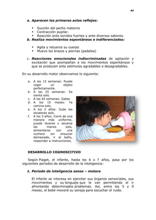 82
a. Aparecen los primeros actos reflejos:
 Succión del pecho materno
 Contracción pupilar.
 Reacción ante sonidos fuertes y ante diversos sabores.
b. Realiza movimientos espontáneos e indiferenciados:
 Agita y retuerce su cuerpo
 Mueve los brazos y piernas (pedalea)
c. Reacciones emocionales indiscriminadas de agitación y
excitación que acompañan a los movimientos espontáneos y
que se producen ante estímulos agradables o desagradables.
En su desarrollo motor observamos lo siguiente:
a. A las 15 semanas: Puede
coger un objeto
perfectamente.
b. A las 25 semanas: Se
sienta solo.
c. A las 45 semanas: Gatea
d. A los 15 meses: Ya
camina solo.
e. A los 2 años: Sube las
escaleras solo.
f. A los 3 años: Corre de una
manera más uniforme,
puede lavarse y secarse
las manos solo,
alimentarse con una
cuchara sin ensuciar
demasiado, ir al baño,
responder a instrucciones.
DESARROLLO COGNOSCITIVO
Según Piaget, el infante, hasta los 6 o 7 años, pasa por los
siguientes periodos de desarrollo de la inteligencia:
1. Periodo de inteligencia senso – motora
El infante se interesa en ejercitar sus órganos sensoriales, sus
movimientos y su lenguaje que le van permitiendo el ir
afrontando determinados problemas. Así, entre los 5 y 9
meses, el bebé moverá su sonaja para escuchar el ruido.
 