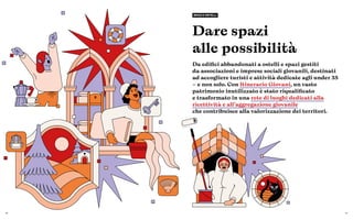70 71
Dare spazi
alle possibilità
Da edifici abbandonati a ostelli e spazi gestiti
da associazioni e imprese sociali giovanili, destinati
ad accogliere turisti e attività dedicate agli under 35
– e non solo. Con Itinerario Giovani, un vasto
patrimonio inutilizzato è stato riqualificato
e trasformato in una rete di luoghi dedicati alla
ricettività e all’aggregazione giovanile
che contribuisce alla valorizzazione dei territori.
SPAZI E OSTELLI
 