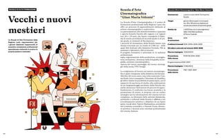 104 105
Vecchi e nuovi
mestieri
SCUOLE DI ALTA FORMAZIONE
Le Scuole di Alta Formazione della
Regione Lazio rappresentano per
i giovani diplomati l’opportunità di
acquisire competenze professionali
specializzate mettendo in pratica le
proprie passioni e attitudini.
La Scuola d’Arte Cinematografica è il centro di
formazione professionale della Regione Lazio che
offre un percorso di apprendimento dedicato al
settore cinematografico e audiovisivo.
La partecipazione alle attività formative è gratuita
e aperta (tramite bando) alle ragazze e ai ragazzi
tra i 18 e i 29 anni, che hanno conseguito il diplo-
ma di scuola secondaria di secondo grado (o di pri-
mo grado, se studenti di Recitazione).
I percorsi di formazione della Scuola hanno una
durata triennale per un totale di 2.100 ore - delle
quali 864 dedicate alla didattica frontale, 936 ai
seminari e laboratori, 300 ai tirocini.
Il progetto formativo è articolato in 11 indirizzi
professionali:
regia, organizzazione della produzione, sceneggia-
tura, recitazione, direzione della fotografia, sceno-
grafia, costume cinematografico,
ripresa del suono, montaggio del suono, montag-
gio della scena, VFX Design.
Lo svolgimento di tirocini nel settore cinematogra-
fico è parte integrante della didattica del biennio.
Alla fine del terzo anno, una volta sostenuto l’esa-
me finale e aver conseguito l’Attestato di Qualifica,
gli allievi hanno la possibilità di partecipare, con il
supporto di una borsa di studio, alla realizzazione
di un lungometraggio prodotto dalla Scuola che,
anche attraverso l’attivazione di percorsi di appro-
fondimento, il confronto tra buone pratiche e la
promozione di eventi, si propone con un centro
strategico per la valorizzazione del cinema nel suo
complesso. La direzione delle attività didattiche,
artistiche e culturali della Scuola è affidata a un
Coordinamento artistico e didattico di cui fanno
parte, tra gli altri, Valerio Mastandrea, presidente
del Comitato scientifico, e Daniele Vicari, diretto-
re artistico. I docenti sono rinomati professionisti
del cinema italiano.
Scuola d’Arte Cinematografica “Gian Maria Volonté”
Assessorato Lavoro e nuovi diritti, Formazione,
Scuola
Target giovani disoccupati o inoccupati
tra i 18 e i 29 anni con diploma di
scuola secondaria di secondo grado
Gestito da LAZIOCrea con il coinvolgimento
della Città Metropolitana
di Roma Capitale
Anno 2016
di attivazione
2 edizioni triennali 2016–2019 e 2019–2022
513 allievi coinvolti nel triennio 2019–2022
Risorse impiegate 7.000.000 €
Provenienza POR FSE 2014–2020
delle risorse
Programmazione 2022–2027
Risorse impiegate 4.799.250 €
Provenienza FSE+ 2021–2027
delle risorse
Scuola d’Arte
Cinematografica
“Gian Maria Volonté”
 