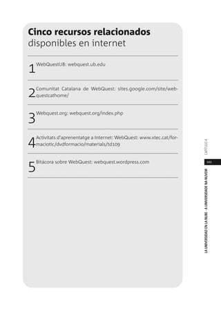101
LAUNIVERSIDADENLANUBE·AUNIVERSIDADENANUVEMCAPÍTULO
Cinco recursos relacionados
disponibles en internet
1WebQuestUB: webquest.ub.edu
2Comunitat Catalana de WebQuest: sites.google.com/site/web-
questcathome/
3Webquest.org: webquest.org/index.php
4Activitats d'aprenentatge a Internet: WebQuest: www.xtec.cat/for-
maciotic/dvdformacio/materials/td109
5Bitácora sobre WebQuest: webquest.wordpress.com
 