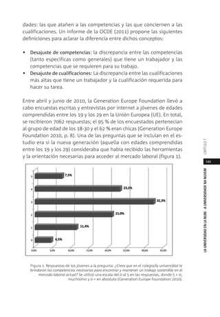 149
LAUNIVERSIDADENLANUBE·AUNIVERSIDADENANUVEMCAPÍTULO
dades: las que atañen a las competencias y las que conciernen a las
cualificaciones. Un informe de la OCDE (2011) propone las siguientes
definiciones para aclarar la diferencia entre dichos conceptos:
• Desajuste de competencias: la discrepancia entre las competencias
(tanto específicas como generales) que tiene un trabajador y las
competencias que se requieren para su trabajo.
• Desajuste de cualificaciones: La discrepancia entre las cualificaciones
más altas que tiene un trabajador y la cualificación requerida para
hacer su tarea.
Entre abril y junio de 2010, la Generation Europe Foundation llevó a
cabo encuestas escritas y entrevistas por internet a jóvenes de edades
comprendidas entre los 19 y los 29 en la Unión Europea (UE). En total,
se recibieron 7062 respuestas; el 95 % de los encuestados pertenecían
al grupo de edad de los 18-30 y el 62 % eran chicas (Generation Europe
Foundation 2010, p. 8). Una de las preguntas que se incluían en el es-
tudio era si la nueva generación (aquella con edades comprendidas
entre los 19 y los 29) consideraba que había recibido las herramientas
y la orientación necesarias para acceder al mercado laboral (figura 1).
Figura 1. Respuestas de los jóvenes a la pregunta: ¿Crees que en el colegio/la universidad te
brindaron las competencias necesarias para encontrar y mantener un trabajo sostenible en el
mercado laboral actual? Se utilizó una escala del 0 al 5 en las respuestas, donde 5 = sí,
muchísimo y 0 = en absoluto (Generation Europe Foundation 2010).
 