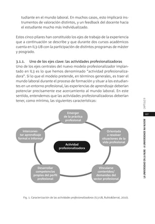 197
LAUNIVERSIDADENLANUBE·AUNIVERSIDADENANUVEMCAPÍTULO
tudiante en el mundo laboral. En muchos casos, esto implicará ins-
trumentos de valoración distintos, y un feedback del docente hacia
el estudiante mucho más individualizado.
Estos cinco pilares han constituido los ejes de trabajo de la experiencia
que a continuación se describe y que durante dos cursos académicos
cuenta en IL3-UB con la participación de distintos programas de máster
y posgrado.
3.1.1. Uno de los ejes clave: las actividades profesionalizadoras
Uno de los ejes centrales del nuevo modelo profesionalizador implan-
tado en IL3 es lo que hemos denominado “actividad profesionaliza-
dora”. Si lo que el modelo pretende, en términos generales, es traer el
mundo laboral durante el proceso de formación y situar a los estudian-
tes en un entorno profesional, las experiencias de aprendizaje deberían
potenciar precisamente ese acercamiento al mundo laboral. En este
sentido, entendemos que las actividades profesionalizadoras deberían
tener, como mínimo, las siguientes características:
Fig. 1. Caracterización de las actividades profesionalizadoras (IL3-UB, Rubio&Serrat, 2010).
Emerger
de la práctica
profesional
Orientada
a resolver
situaciones de la
vida profesional
Vincularse
contenidos/
demandas del
sector profesional
Desarrollar
competencias
propias del perfil
profesional
Interconec-
tar aprendizaje
formal e informal
Actividad
profesionalizadora
 