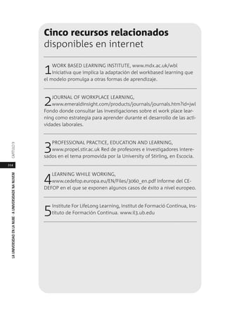 214
LAUNIVERSIDADENLANUBE·AUNIVERSIDADENANUVEMCAPÍTULO
Cinco recursos relacionados
disponibles en internet
1WORK BASED LEARNING INSTITUTE, www.mdx.ac.uk/wbl
Iniciativa que implica la adaptación del workbased learning que
el modelo promulga a otras formas de aprendizaje.
2JOURNAL OF WORKPLACE LEARNING,
www.emeraldinsight.com/products/journals/journals.htm?id=jwl
Fondo donde consultar las investigaciones sobre el work place lear-
ning como estrategia para aprender durante el desarrollo de las acti-
vidades laborales.
3PROFESSIONAL PRACTICE, EDUCATION AND LEARNING,
www.propel.stir.ac.uk Red de profesores e investigadores intere-
sados en el tema promovida por la University of Stirling, en Escocia.
4LEARNING WHILE WORKING,
www.cedefop.europa.eu/EN/Files/3060_en.pdf Informe del CE-
DEFOP en el que se exponen algunos casos de éxito a nivel europeo.
5Institute For LifeLong Learning, Institut de Formació Contínua, Ins-
tituto de Formación Continua. www.il3.ub.edu
 