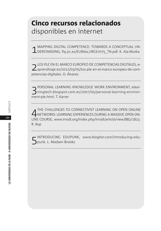 260
LAUNIVERSIDADENLANUBE·AUNIVERSIDADENANUVEMCAPÍTULO11
Cinco recursos relacionados
disponibles en internet
1MAPPING DIGITAL COMPETENCE: TOWARDS A CONCEPTUAL UN-
DERSTANDING, ftp.jrc.es/EURdoc/JRC67075_TN.pdf. K. Ala-Mutka
2LOS PLE EN EL MARCO EUROPEO DE COMPETENCIAS DIGITALES, e-
aprendizaje.es/2012/03/05/los-ple-en-el-marco-europeo-de-com-
petencias-digitales. D. Álvarez
3PERSONAL LEARNING KNOWLEDGE WORK ENVIRONMENT, elear-
ningtech.blogspot.com.es/2007/05/personal-learning-environ-
ment-ple.html. T. Karrer
4THE CHALLENGES TO CONNECTIVIST LEARNING ON OPEN ONLINE
NETWORKS: LEARNING EXPERIENCES DURING A MASSIVE OPEN ON-
LINE COURSE, www.irrodl.org/index.php/irrodl/article/view/882/1823.
R. Kop
5INTRODUCING EDUPUNK, www.blogher.com/introducing-edu-
punk. L. Madsen Brooks
 