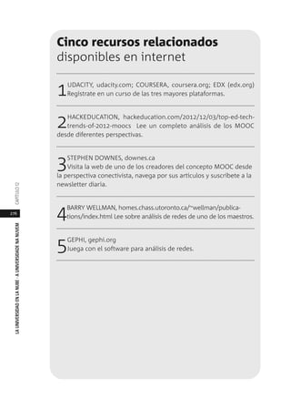 276
LAUNIVERSIDADENLANUBE·AUNIVERSIDADENANUVEMCAPÍTULO1
Cinco recursos relacionados
disponibles en internet
1UDACITY, udacity.com; COURSERA, coursera.org; EDX (edx.org)
Regístrate en un curso de las tres mayores plataformas.
2HACKEDUCATION, hackeducation.com/2012/12/03/top-ed-tech-
trends-of-2012-moocs Lee un completo análisis de los MOOC
desde diferentes perspectivas.
3STEPHEN DOWNES, downes.ca
Visita la web de uno de los creadores del concepto MOOC desde
la perspectiva conectivista, navega por sus artículos y suscríbete a la
newsletter diaria.
4BARRY WELLMAN, homes.chass.utoronto.ca/~wellman/publica-
tions/index.html Lee sobre análisis de redes de uno de los maestros.
5GEPHI, gephi.org
Juega con el software para análisis de redes.
 