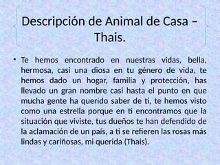 Descripción de Animal de Casa –
Thais.
• Te hemos encontrado en nuestras vidas, bella,
hermosa, casi una diosa en tu género de vida, te
hemos dado un hogar, familia y protección, has
llevado un gran nombre casi hasta el punto en que
mucha gente ha querido saber de ti, te hemos visto
como una estrella porque en ti encontramos que la
situación que viviste, tus dueños te han defendido de
la aclamación de un país, a ti se refieren las rosas más
lindas y cariñosas, mi querida (Thais).
 