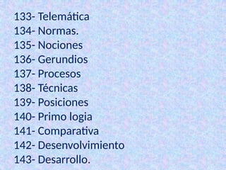 133- Telemática
134- Normas.
135- Nociones
136- Gerundios
137- Procesos
138- Técnicas
139- Posiciones
140- Primo logia
141- Comparativa
142- Desenvolvimiento
143- Desarrollo.
 