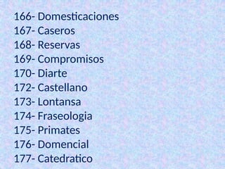 166- Domesticaciones
167- Caseros
168- Reservas
169- Compromisos
170- Diarte
172- Castellano
173- Lontansa
174- Fraseologia
175- Primates
176- Domencial
177- Catedratico
 