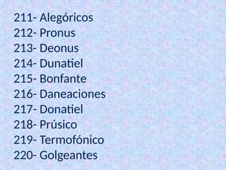 211- Alegóricos
212- Pronus
213- Deonus
214- Dunatiel
215- Bonfante
216- Daneaciones
217- Donatiel
218- Prúsico
219- Termofónico
220- Golgeantes
 