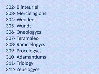 302- Blinteuriel
303- Mercielagions
304- Wenders
305- Wundt
306- Oneologycs
307- Teramaleo
308- Ramcielogycs
309- Procelogycs
310- Adamantiums
311- Triology
312- Zeuslogycs
 