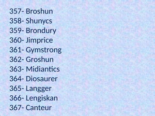 357- Broshun
358- Shunycs
359- Brondury
360- Jimprice
361- Gymstrong
362- Groshun
363- Midiantics
364- Diosaurer
365- Langger
366- Lengiskan
367- Canteur
 