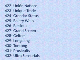 422- Unión Nations
423- Unique Trade
424- Grendar Status
425- Balery Wells
426- Blesious
427- Grand Screen
428- Gelters
429- Longdang
430- Tontong
431- Prusieults
432- Ultra Sensorials
 