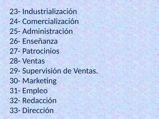 23- Industrialización
24- Comercialización
25- Administración
26- Enseñanza
27- Patrocinios
28- Ventas
29- Supervisión de Ventas.
30- Marketing
31- Empleo
32- Redacción
33- Dirección
 