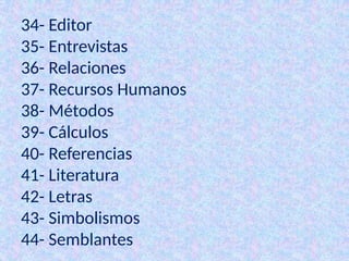 34- Editor
35- Entrevistas
36- Relaciones
37- Recursos Humanos
38- Métodos
39- Cálculos
40- Referencias
41- Literatura
42- Letras
43- Simbolismos
44- Semblantes
 