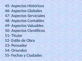 45- Aspectos Históricos
46- Aspectos Globales
47- Aspectos Serviciales
48- Aspectos Contables
49- Aspectos Valuables
50- Aspectos Científicos
51- Titular
52- Estilo de Obra
53- Pensador
54- Oriundos
55- Fechas y Ciudades
 