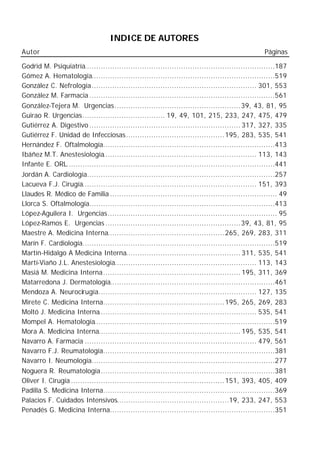 INDICE DE AUTORES
Autor                                                                                             Páginas

Godrid M. Psiquiatría...................................................................................187
Gómez A. Hematología................................................................................519
González C. Nefrología........................................................................ 301, 553
González M. Farmacia .................................................................................561
González-Tejera M. Urgencias....................................................... 39, 43, 81, 95
Guirao R. Urgencias.................................... 19, 49, 101, 215, 233, 247, 475, 479
Gutiérrez A. Digestivo .................................................................. 317, 327, 335
Gutiérrez F. Unidad de Infecciosas........................................... 195, 283, 535, 541
Hernández F. Oftalmología...........................................................................413
Ibáñez M.T. Anestesiología................................................................... 113, 143
Infante E. ORL...........................................................................................441
Jordán A. Cardiología..................................................................................257
Lacueva F.J. Cirugía............................................................................ 151, 393
Llaudes R. Médico de Familia ......................................................................... 49
Llorca S. Oftalmología.................................................................................413
López-Aguilera I. Urgencias.......................................................................... 95
López-Ramos E. Urgencias ........................................................... 39, 43, 81, 95
Maestre A. Medicina Interna................................................... 265, 269, 283, 311
Marín F. Cardiología....................................................................................519
Martín-Hidalgo A Medicina Interna.................................................. 311, 535, 541
Martí-Viaño J.L. Anestesiología.............................................................. 113, 143
Masiá M. Medicina Interna............................................................ 195, 311, 369
Matarredona J. Dermatología........................................................................461
Mendoza A. Neurocirugía..................................................................... 127, 135
Mirete C. Medicina Interna..................................................... 195, 265, 269, 283
Moltó J. Medicina Interna..................................................................... 535, 541
Mompel A. Hematología...............................................................................519
Mora A. Medicina Interna.............................................................. 195, 535, 541
Navarro A. Farmacia ........................................................................... 479, 561
Navarro F.J. Reumatología...........................................................................381
Navarro I. Neumología................................................................................277
Noguera R. Reumatología............................................................................381
Oliver I. Cirugía ................................................................... 151, 393, 405, 409
Padilla S. Medicina Interna...........................................................................369
Palacios F. Cuidados Intensivos.................................................19, 233, 247, 553
Penadés G. Medicina Interna........................................................................351
 