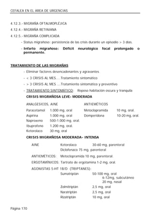 CEFALEA EN EL AREA DE URGENCIAS


4.12.3.- MIGRAÑA OFTALMOPLÉJICA
4.12.4.- MIGRAÑA RETINIANA
4.12.5.- MIGRAÑA COMPLICADA
      - Status migrañoso: persistencia de las crisis durante un episodio > 3 días.
      - Infarto migrañoso:        Déficit     neurológico     focal   prolongado      o
        permanente.


TRATAMIENTO DE LAS MIGRAÑAS
       - Eliminar factores desencadenantes y agravantes
       - < 3 CRISIS AL MES…..Tratamiento sintomático
       - > 3 CRISIS AL MES ….Tratamiento sintomático y preventivo
       - TRATAMIE NTO SINTOMÁTICO:            Reposo habitación oscura y tranquila
         CRISIS MIGRAÑOSA LEVE- MODERADA

         ANALGESICOS, AINE                        ANTIEMÉTICOS
         Paracetamol     1.000 mg, oral           Metoclopramida       10 mg, oral.
         Aspirina        1.000 mg, oral           Domperidona          10-20 mg, oral.
         Naproxeno       500-1.000 mg, oral.
         Ibuprofeno      1.200 mg, oral.
         Ketorolaco      30 mg, oral
         CRISIS MIGRAÑOSA MODERADA- INTENSA

             AINE               Ketorolaco          30-60 mg, parenteral
                                Diclofenaco 75 mg, parenteral
             ANTIEMÉTICOS:      Metoclopramida 10 mg, parenteral.
             ERGOTAMÍNICOS: Tartrato de ergotamina 1-2 mg, oral.
             AGONISTAS 5-HT 1B/D (TRIPTANES):
                            Sumatriptán       50-100 mg, oral
                                                    6-12mg, subcutáneo
                                                    20 mg, nasal
                            Zolmitriptán      2,5 mg, oral
                                Naratriptán            2,5 mg, oral
                                Rizatriptán            10 mg, oral


Página 170
 