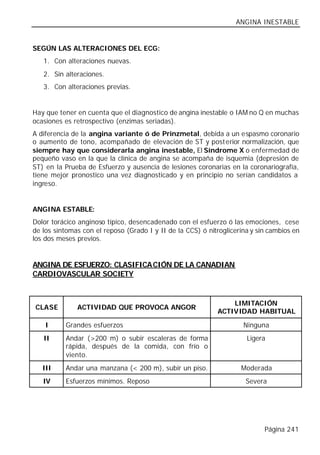 ANGINA INESTABLE


SEGÚN LAS ALTERACIONES DEL ECG:
   1. Con alteraciones nuevas.
   2. Sin alteraciones.
   3. Con alteraciones previas.


Hay que tener en cuenta que el diagnostico de angina inestable o IAM no Q en muchas
ocasiones es retrospectivo (enzimas seriadas).
A diferencia de la angina variante ó de Prinzmetal, debida a un espasmo coronario
o aumento de tono, acompañado de elevación de ST y post erior normalización, que
siempre hay que considerarla angina inestable, El Síndrome X o enfermedad de
pequeño vaso en la que la clínica de angina se acompaña de isquemia (depresión de
ST) en la Prueba de Esfuerzo y ausencia de lesiones coronarias en la coronariografía,
tiene mejor pronostico una vez diagnosticado y en principio no serían candidatos a
ingreso.


ANGINA ESTABLE:
Dolor torácico anginoso típico, desencadenado con el esfuerzo ó las emociones, cese
de los síntomas con el reposo (Grado I y II de la CCS) ó nitroglicerina y sin cambios en
los dos meses previos.


ANGINA DE ESFUERZO: CLASIFICA CIÓN DE LA CANADIAN
CARDIOVASCULAR SOCIETY


                                                                 LIMITACIÓN
CLASE         ACTIVIDAD QUE PROVOCA ANGOR
                                                             ACTIVIDAD HABITUAL

    I     Grandes esfuerzos                                          Ninguna
   II     Andar (>200 m) o subir escaleras de forma                   Ligera
          rápida, después de la comida, con frío o
          viento.
   III    Andar una manzana (< 200 m), subir un piso.               Moderada
   IV     Esfuerzos mínimos. Reposo                                   Severa




                                                                            Página 241
 