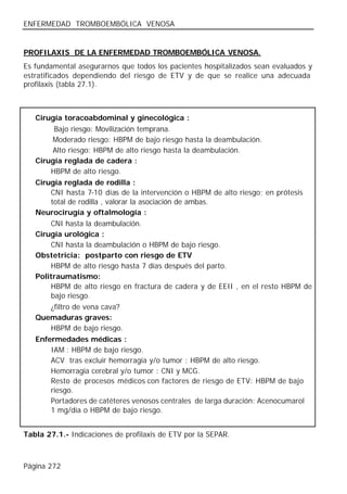 ENFERMEDAD TROMBOEMBÓLICA VENOSA


PROFILAXIS DE LA ENFERMEDAD TROMBOEMBÓLICA VENOSA.
Es fundamental asegurarnos que todos los pacientes hospitalizados sean evaluados y
estratificados dependiendo del riesgo de ETV y de que se realice una adecuada
profilaxis (tabla 27.1).



   Cirugía toracoabdominal y ginecológica :
        Bajo riesgo: Movilización temprana.
        Moderado riesgo: HBPM de bajo riesgo hasta la deambulación.
        Alto riesgo: HBPM de alto riesgo hasta la deambulación.
   Cirugía reglada de cadera :
       HBPM de alto riesgo.
   Cirugía reglada de rodilla :
       CNI hasta 7-10 días de la intervención o HBPM de alto riesgo; en prótesis
       total de rodilla , valorar la asociación de ambas.
   Neurocirugía y oftalmología :
       CNI hasta la deambulación.
   Cirugía urológica :
       CNI hasta la deambulación o HBPM de bajo riesgo.
   Obstetricia: postparto con riesgo de ETV
       HBPM de alto riesgo hasta 7 días después del parto.
   Politraumatismo:
       HBPM de alto riesgo en fractura de cadera y de EEII , en el resto HBPM de
       bajo riesgo.
       ¿filtro de vena cava?
   Quemaduras graves:
       HBPM de bajo riesgo.
   Enfermedades médicas :
       IAM : HBPM de bajo riesgo.
       ACV tras excluir hemorragia y/o tumor : HBPM de alto riesgo.
       Hemorragia cerebral y/o tumor : CNI y MCG.
       Resto de procesos médicos con factores de riesgo de ETV: HBPM de bajo
       riesgo.
       Portadores de catéteres venosos centrales de larga duración: Acenocumarol
       1 mg/día o HBPM de bajo riesgo.


Tabla 27.1.- Indicaciones de profilaxis de ETV por la SEPAR.



Página 272
 