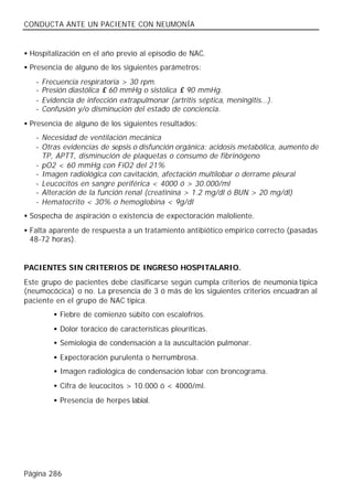 CONDUCTA ANTE UN PACIENTE CON NEUMONÍA


• Hospitalización en el año previo al episodio de NAC.
• Presencia de alguno de los siguientes parámetros:
   -   Frecuencia respiratoria > 30 rpm.
   -   Presión diastólica ≤ 60 mmHg o sistólica ≤ 90 mmHg.
   -   Evidencia de infección extrapulmonar (artritis séptica, meningitis…).
   -   Confusión y/o disminución del estado de conciencia.
• Presencia de alguno de los siguientes resultados:
   - Necesidad de ventilación mecánica
   - Otras evidencias de sepsis o disfunción orgánica: acidosis metabólica, aumento de
     TP, APTT, disminución de plaquetas o consumo de fibrinógeno
   - pO2 < 60 mmHg con FiO2 del 21%
   - Imagen radiológica con cavitación, afectación multilobar o derrame pleural
   - Leucocitos en sangre periférica < 4000 ó > 30.000/ml
   - Alteración de la función renal (creatinina > 1.2 mg/dl ó BUN > 20 mg/dl)
   - Hematocrito < 30% o hemoglobina < 9g/dl
• Sospecha de aspiración o existencia de expectoración maloliente.
• Falta aparente de respuesta a un tratamiento antibiótico empírico correcto (pasadas
  48-72 horas).


PACIENTES SIN CRITERIOS DE INGRESO HOSPITALARIO.
Este grupo de pacientes debe clasificarse según cumpla criterios de neumonía típica
(neumocócica) o no. La presencia de 3 ó más de los siguientes criterios encuadran al
paciente en el grupo de NAC típica.
          • Fiebre de comienzo súbito con escalofríos.
          • Dolor torácico de características pleuríticas.
          • Semiología de condensación a la auscultación pulmonar.
          • Expectoración purulenta o herrumbrosa.
          • Imagen radiológica de condensación lobar con broncograma.
          • Cifra de leucocitos > 10.000 ó < 4000/ml.
          • Presencia de herpes labial.




Página 286
 