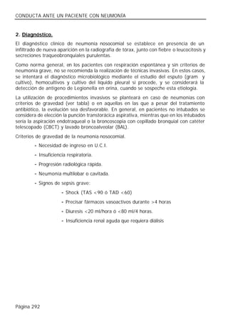 CONDUCTA ANTE UN PACIENTE CON NEUMONÍA


2. Diagnóstico.
El diagnóstico clínico de neumonía nosocomial se establece en presencia de un
infiltrado de nueva aparición en la radiografía de tórax, junto con fiebre o leucocitosis y
secreciones traqueobronquiales purulentas.
Como norma general, en los pacientes con respiración espontánea y sin criterios de
neumonía grave, no se recomienda la realización de técnicas invasivas. En estos casos,
se intentará el diagnóstico microbiológico mediante el estudio del esputo (gram y
cultivo), hemocultivos y cultivo del líquido pleural si procede, y se considerará la
detección de antígeno de Legionella en orina, cuando se sospeche esta etiología.
La utilización de procedimientos invasivos se planteará en caso de neumonías con
criterios de gravedad (ver tabla) o en aquellas en las que a pesar del tratamiento
antibiótico, la evolución sea desfavorable. En general, en pacientes no intubados se
considera de elección la punción transtorácica aspirativa, mientras que en los intubados
sería la aspiración endotraqueal o la broncoscopia con cepillado bronquial con catéter
telescopado (CBCT) y lavado broncoalveolar (BAL).
Criterios de gravedad de la neumonía nosocomial.
         - Necesidad de ingreso en U.C.I.
         - Insuficiencia respiratoria.
         - Progresión radiológica rápida.
         - Neumonía multilobar o cavitada.
         - Signos de sepsis grave:
                      - Shock (TAS <90 ó TAD <60)
                      - Precisar fármacos vasoactivos durante >4 horas
                      - Diuresis <20 ml/hora ó <80 ml/4 horas.
                      - Insuficiencia renal aguda que requiera diálisis




Página 292
 