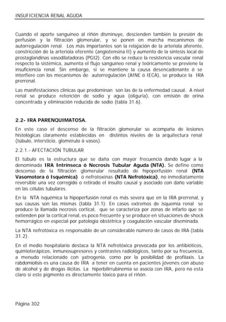 INSUFICIENCIA RENAL AGUDA


Cuando el aporte sanguíneo al riñón disminuye, descienden también la presión de
perfusión y la filtración glomerular, y se ponen en marcha mecanismos de
autorregulación renal. Los más importantes son la relajación de la arteriola aferente,
constricción de la arteriola eferente (angiotensina II) y aumento de la síntesis local de
prostaglandinas vasodilatadoras (PGI2). Con ello se reduce la resistencia vascular renal
respecto la sistémica, aumenta el flujo sanguíneo renal y teóricamente se previene la
insuficiencia renal. Sin embargo, si se mantiene la causa desencadenante ó se
interfiere con los mecanismos de autorregulación (AINE ó IECA), se produce la IRA
prerrenal.
Las manifestaciones clínicas que predominan son las de la enfermedad causal. A nivel
renal se produce retención de sodio y agua (oliguria), con emisión de orina
concentrada y eliminación reducida de sodio (tabla 31.6).


2.2- IRA PARENQUIMATOSA.
En este caso el descenso de la filtración glomerular se acompaña de lesiones
histológicas claramente establecidas en distintos niveles de la arquitectura renal
(túbulo, intersticio, glomérulo ó vasos).
2.2.1.- AFECTACIÓN TUBULAR
El túbulo es la estructura que se daña con mayor frecuencia dando lugar a la
denominada IRA Intrínseca ó Necrosis Tubular Aguda (NTA). Se define como
descenso de la filtración glomerular resultado de hipoperfusión renal (NTA
Vasomotora ó Isquémica) ó nefrotoxinas (NTA Nefrotóxica), no inmediatamente
reversible una vez corregido o retirado el insulto causal y asociado con daño variable
en las células tubulares.
En la NTA isquémica la hipoperfusión renal es más severa que en la IRA prerrenal, y
sus causas son las mismas (tabla 31.1). En casos extremos de isquemia renal se
produce la llamada necrosis cortical, que se caracteriza por zonas de infarto que se
extienden por la cortical renal, es poco frecuente y se produce en situaciones de shock
hemorrágico en especial por patología obstétrica y coagulación vascular diseminada.
La NTA nefrotóxica es responsable de un considerable número de casos de IRA (tabla
31.2).
En el medio hospitalario destaca la NTA nefrotóxica provocada por los antibióticos,
quimioterápicos, inmunosupresores y contrastes radiológicos, tanto por su frecuencia,
a menudo relacionado con yatrogenia, como por la posibilidad de profilaxis. La
rabdomiolisis es una causa de IRA a tener en cuenta en pacientes jóvenes con abuso
de alcohol y de drogas ilícitas. La hiperbilirrubinemia se asocia con IRA, pero no esta
claro si este pigmento es directamente tóxico para el riñón.




Página 302
 
