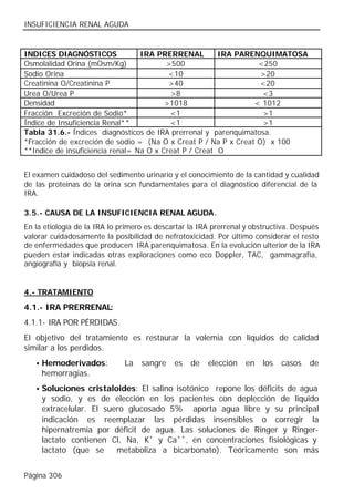 INSUFICIENCIA RENAL AGUDA


INDICES DIAGNÓSTICOS              IRA PRERRENAL         IRA PARENQUIMATOSA
Osmolalidad Orina (mOsm/Kg)              >500                    <250
Sodio Orina                               <10                     >20
Creatinina O/Creatinina P                 >40                     <20
Urea O/Urea P                             >8                      <3
Densidad                                 >1018                  < 1012
Fracción Excreción de Sodio*              <1                      >1
Índice de Insuficiencia Renal**           <1                      >1
Tabla 31.6.- Índices diagnósticos de IRA prerrenal y parenquimatosa.
*Fracción de excreción de sodio = (Na O x Creat P / Na P x Creat O) x 100
**Indice de insuficiencia renal= Na O x Creat P / Creat O


El examen cuidadoso del sedimento urinario y el conocimiento de la cantidad y cualidad
de las proteinas de la orina son fundamentales para el diagnóstico diferencial de la
IRA.

3.5.- CAUSA DE LA INSUFICIENCIA RENAL AGUDA.
En la etiología de la IRA lo primero es descartar la IRA prerrenal y obstructiva. Después
valorar cuidadosamente la posibilidad de nefrotoxicidad. Por último considerar el resto
de enfermedades que producen IRA parenquimatosa. En la evolución ulterior de la IRA
pueden estar indicadas otras exploraciones como eco Doppler, TAC, gammagrafía,
angiografía y biopsia renal.


4.- TRATAMIENTO

4.1.- IRA PRERRENAL:
4.1.1- IRA POR PÉRDIDAS.
El objetivo del tratamiento es restaurar la volemia con líquidos de calidad
similar a los perdidos.
   • Hemoderivados:           La   sangre    es   de   elección   en   los   casos   de
     hemorragias.
   • Soluciones cristaloides: El salino isotónicorepone los déficits de agua
     y sodio, y es de elección en los pacientes con deplección de líquido
     extracelular. El suero glucosado 5% aporta agua libre y su principal
     indicación es reemplazar las pérdidas insensibles o corregir la
     hipernatremia por déficit de agua. Las soluciones de Ringer y Ringer-
     lactato contienen Cl, Na, K+ y Ca++ , en concentraciones fisiológicas y
     lactato (que se     metaboliza a bicarbonato). Teóricamente son más


Página 306
 