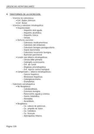 URGENCIAS HEPATOBILIARES


4. TRASTORNOS DE LA EXCRECION:
    - Ictericia no colestásica:
          • Enf. Dubin-Johnson.
          • Enf. Rotor.
    - Ictericia y colestasis intrahepática:
          • Hepatocelular:
                  - Hepatitis viral aguda.
                  - Hepatitis alcohólica.
                  - Hepatitis tóxica.
                  - Cirrosis
          • Defecto excretor:
                  - Colestasis medicamentosa.
                  - Colestasis del embarazo.
                  - Colestasis benigna postoperatoria.
                  - Sepsis bacteriana.
                  - Colestasis recurrente benigna.
                  - Nutrición parenteral
          • Lesión vías biliares intrahepáticas:
                  - Cirrosis biliar primaria.
                  - Colangitis esclerosante.
                  - Enf. de Caroli.
                  - Displasia arteriohepática.
                  - Enf. injerto contra huésped.
          • Compresión c. biliares intrahepáticos:
                  - Cáncer hepático.
                  - Metástasis hepáticas.
                  - Colangiocarcinoma.
                  - Granulomas.
    - Colestasis extrahepática:
          • No Neoplásica:
                  - Coledocolitiasis.
                  - Estenosis benigna.
                  - Pancreatitis aguda y crónica.
                  - Quiste hidatídico.
                  - Hemobilia.
                  - Ascaridiasis.
          • Neoplásica:
                  - Ca. cabeza de páncreas.
                  - Ca. ampolla de Vater.
                  - Ca. Colédoco.
                  - Ca. Vesícula.
                  - Adenopatías hiliares.




Página 328
 