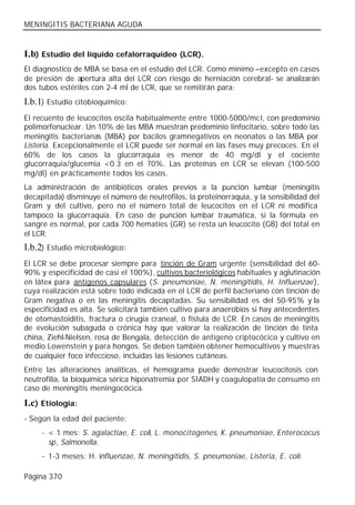 MENINGITIS BACTERIANA AGUDA


I.b) Estudio del líquido cefalorraquídeo (LCR).
El diagnostico de MBA se basa en el estudio del LCR. Como mínimo –excepto en casos
de presión de apertura alta del LCR con riesgo de herniación cerebral- se analizarán
dos tubos estériles con 2-4 ml de LCR, que se remitirán para:
I.b.1) Estudio citobioquímico:
El recuento de leucocitos oscila habitualmente entre 1000-5000/mc l, con predominio
polimorfonuclear. Un 10% de las MBA muestran predominio linfocitario, sobre todo las
meningitis bacterianas (MBA) por bacilos gramnegativos en neonatos o las MBA por
Listeria. Excepcionalmente el LCR puede ser normal en las fases muy precoces. En el
60% de los casos la glucorraquia es menor de 40 mg/dl y el cociente
glucorraquia/glucemia <0.3 en el 70%. Las proteínas en LCR se elevan (100-500
mg/dl) en prácticamente t odos los casos.
La administración de antibióticos orales previos a la punción lumbar (meningitis
decapitada) disminuye el número de neutrófilos, la proteinorraquia, y la sensibilidad del
Gram y del cultivo, pero no el número total de leucocitos en el LCR ni modifica
tampoco la glucorraquia. En caso de punción lumbar traumática, si la fórmula en
sangre es normal, por cada 700 hematíes (GR) se resta un leucocito (GB) del total en
el LCR.
I.b.2) Estudio microbiológico:
El LCR se debe procesar siempre para tinción de Gram urgente (sensibilidad del 60-
90% y especificidad de casi el 100%), cultivos bacteriológicos habituales y aglutinación
en látex para antígenos capsulares (S. pneumoniae, N. meningitidis, H. Influenzae),
cuya realización está sobre todo indicada en el LCR de perfil bacteriano con tinción de
Gram negativa o en las meningitis decapitadas. Su sensibilidad es del 50-95% y la
especificidad es alta. Se solicitará también cultivo para anaerobios si hay antecedentes
de otomastoiditis, fractura o cirugía craneal, o fístula de LCR. En casos de meningitis
de evolución subaguda o crónica hay que valorar la realización de tinción de tinta
china, Ziehl-Nielsen, rosa de Bengala, detección de antígeno criptocócico y cultivo en
medio Lowenstein y para hongos. Se deben también obtener hemocultivos y muestras
de cualquier foco infeccioso, incluidas las lesiones cutáneas.
Entre las alteraciones analíticas, el hemograma puede demostrar leucocitosis con
neutrofilia, la bioquímica sérica hiponatremia por SIADH y coagulopatía de consumo en
caso de meningitis meningocócica.

I.c) Etiología:
- Según la edad del paciente:
     - < 1 mes: S. agalactiae, E. coli, L. monocitogenes, K. pneumoniae, Enterococus
       sp, Salmonella.
     - 1-3 meses: H. influenzae, N. meningitidis, S. pneumoniae, Listeria, E. coli.

Página 370
 