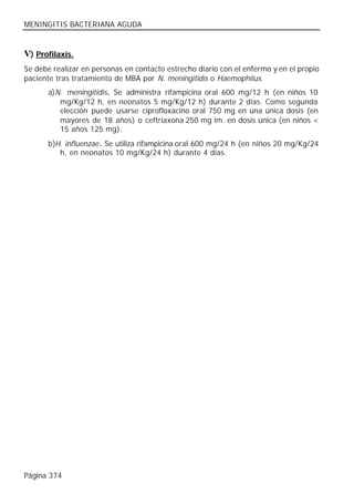 MENINGITIS BACTERIANA AGUDA


V) Profilaxis.
Se debe realizar en personas en contacto estrecho diario con el enfermo y en el propio
paciente tras tratamiento de MBA por N. meningitidis o Haemophilus.
       a)N. meningitidis. Se administra rifampicina oral 600 mg/12 h (en niños 10
          mg/Kg/12 h, en neonatos 5 mg/Kg/12 h) durante 2 días. Como segunda
          elección puede usarse ciprofloxacino oral 750 mg en una única dosis (en
          mayores de 18 años) o ceftriaxona 250 mg im. en dosis única (en niños <
          15 años 125 mg).
       b)H. influenzae. Se utiliza rifampicina oral 600 mg/24 h (en niños 20 mg/Kg/24
          h, en neonatos 10 mg/Kg/24 h) durante 4 días.




Página 374
 