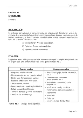 EPISTAXIS


Capítulo 46

EPISTAXIS
Severá G.




INTRODUCCIÓN
Se entiende por epistaxis a las hemorragias de origen nasal. Constituyen uno de los
motivos de urgencia más frecuente en otorrinolaringología. Aunque cualquier punto de
la nariz puede sangrar debido a su rica vascularización, existen tres puntos preferentes
que, por orden de frecuencia, son:
                 a) Anteroinferior: Área de Kiesselbach.
                 b) Posterior: Arteria esfenopalatina.
                 c) Superior: Arterias etmoidales.


ETIOLOGÍA
Responden a una etiología muy variada. Podemos distinguir dos tipos de epistaxis: Las
de origen local y las sintomáticas o de causa general (Tabla 46.1)



              Causas locales                             Causas generales
 - Idiopática o constitucional                - Infecciones (gripe, coriza, sarampión,
 - Microtraumatismos por rascado (niños)        etc.)
 - Rinitis seca. Perforaciones septales       - Enfermedades Vasculares
                                                (hipertensión, etc.)
 - Factores ambientales muy secos
                                              - Alteraciones hemáticas y de la
 - Traumatismos nasales                         coagulación
 - Cuerpos extraños nasales y/o rinolitos
                                              - Insuficiencia renal y hepática
 - Pólipo sangrante del tabique               - Tratamientos con anticoagulantes
 - Tumores de fosas y senos paranasales
                                              - Alcoholismo
 - Tumores de la rinofaringe                  - Senectud
                                              - Embarazo
                                              - Enfermedad de Rendu-Osler.
Tabla 46.1.- Etiología de las epistaxis.



                                                                            Página 431
 