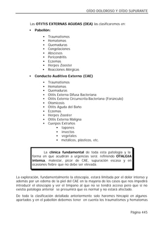 OÍDO DOLOROSO Y OÍDO SUPURANTE


        Las OTITIS EXTERNAS AGUDAS (OEA) las clasificaremos en:
        •    Pabellón:
                  •   Traumatismos
                  •   Hematomas
                  •   Quemaduras
                  •   Congelaciones
                  •   Abscesos
                  •   Pericondritis
                  •   Eczemas
                  •   Herpes Zooster
                  •   Reacciones Alérgicas
        •    Conducto Auditivo Externo (CAE)
                  •   Traumatismos
                  •   Hematomas
                  •   Quemaduras
                  •   Otitis Externa Difusa Bacteriana
                  •   Otitis Externa Circunscrita Bacteriana (Forúnculo)
                  •   Otomicosis
                  •   Otitis Aguda del Baño
                  •   Eczemas
                  •   Herpes Zooster
                  •   Otitis Externa Maligna
                  •   Cuerpos Extraños
                            • tapones
                            • insectos
                            • vegetales
                            • metálicos, plásticos, etc.


                   La clínica fundamental de toda esta patología y la
            forma en que acudirán a urgencias será: refiriendo OTALGIA
            intensa, malestar, picor de CAE, supuración escasa y en
            ocasiones fiebre que no debe ser elevada.


La exploración, fundamentalmente la otoscopia, estará limitada por el dolor intenso y
además por un edema de la piel del CAE en la mayoría de los casos que nos impedirá
introducir el otoscopio y ver el tímpano al que no se tendrá acceso pero que si no
existía patología anterior se presumirá que es normal y no estará afectado.
De toda la clasificación detallada anteriormente solo haremos hincapié en algunos
apartados y en el pabellón debemos tener en cuenta los traumatismos y hematomas


                                                                           Página 445
 